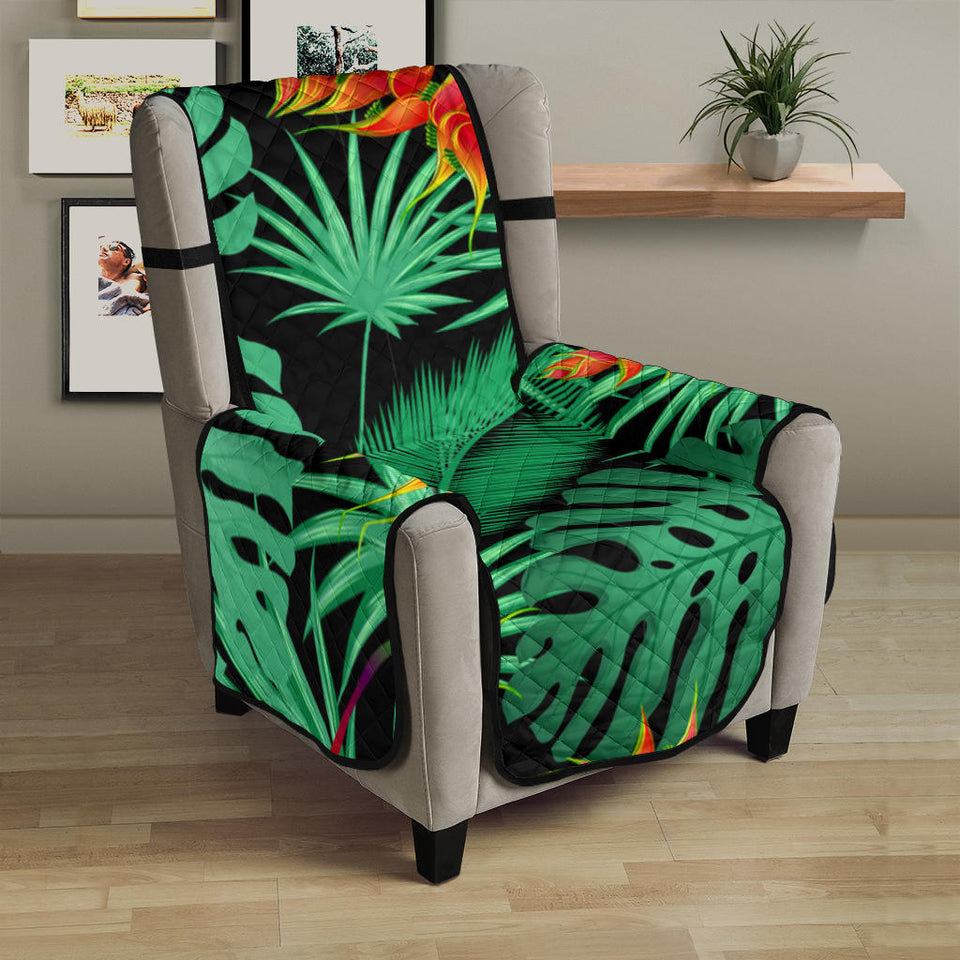 heliconia flower palm monstera leaves black background Chair Cover Protector