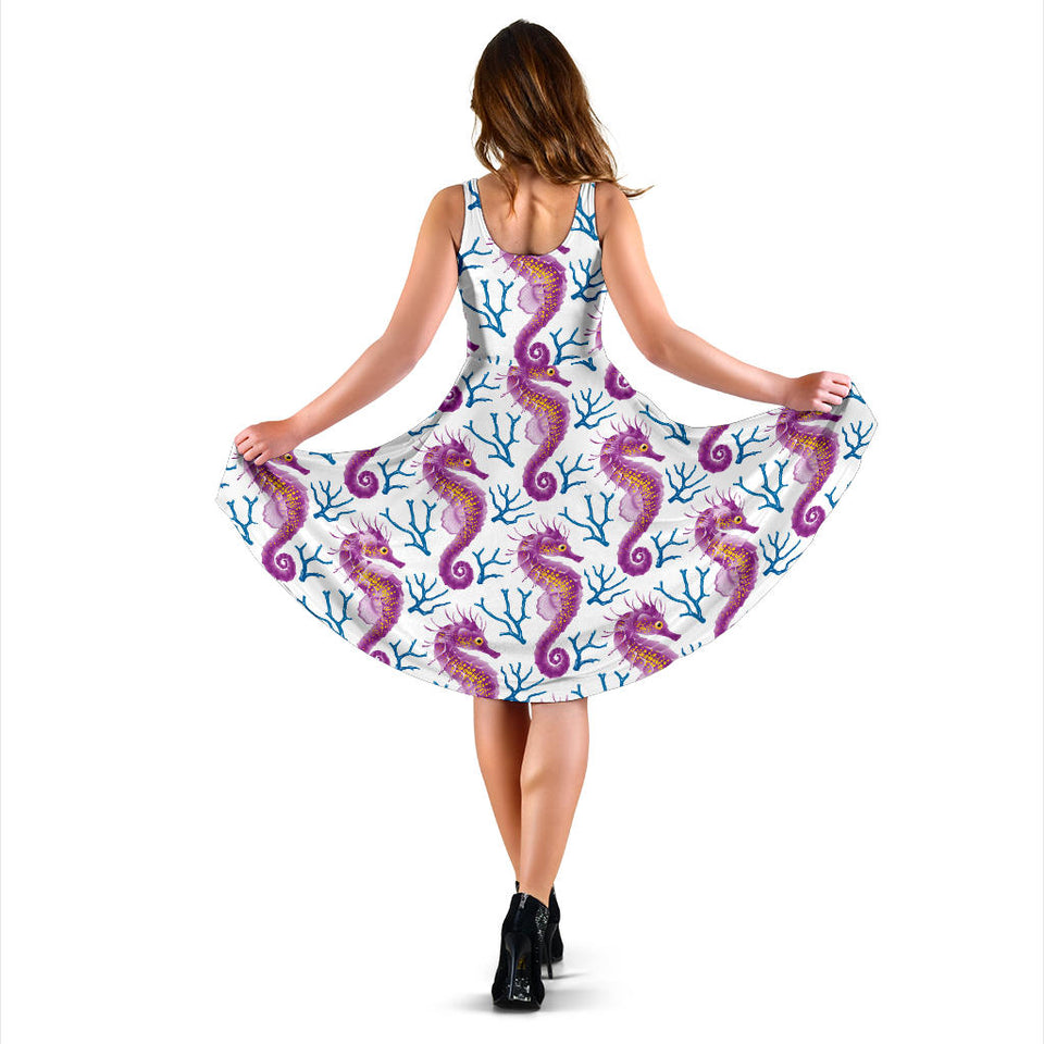 Purple Seahorse Blue Coral Pattern Sleeveless Midi Dress