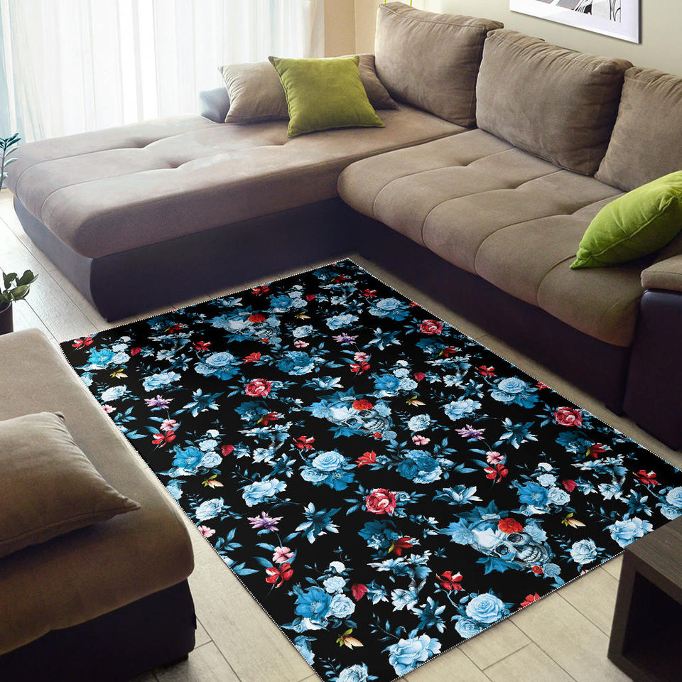Skull Flower Roses Leave Pattern Area Rug