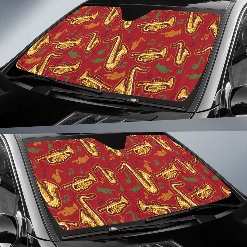 Saxophone Cornet Pattern Red Background Car Sun Shade