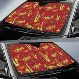 Saxophone Cornet Pattern Red Background Car Sun Shade