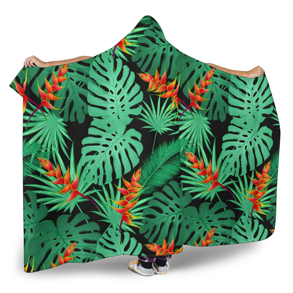 Heliconia Flower Palm Monstera Leaves Black Background Hooded Blanket