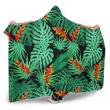 Heliconia Flower Palm Monstera Leaves Black Background Hooded Blanket