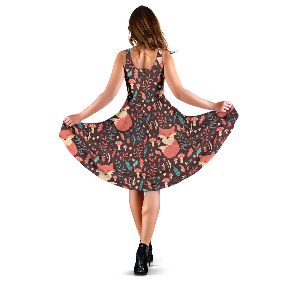 Fox Leaves Mushroom Pattern Sleeveless Midi Dress