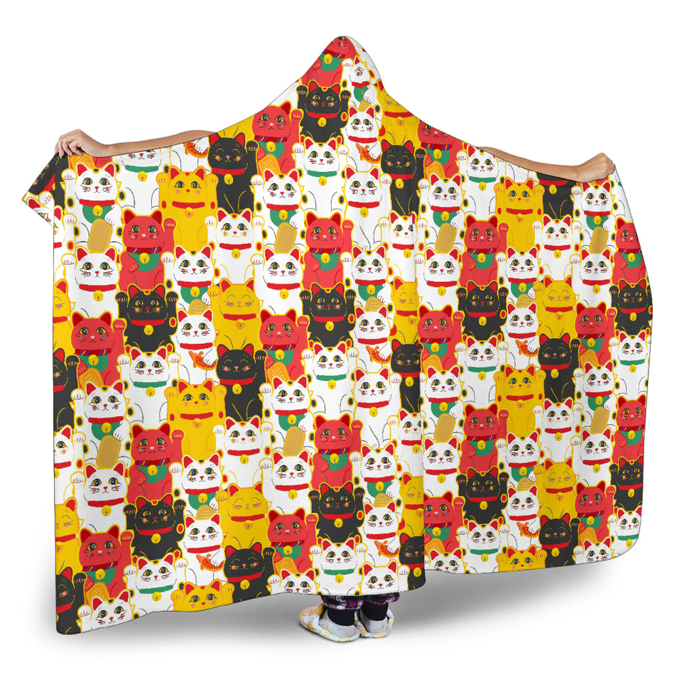 Colorful Maneki Neko Lucky Cat Pattern Hooded Blanket