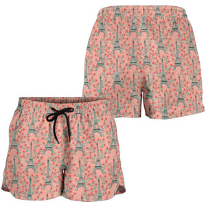 Eiffel Tower Flower Background Pattern Print Design 03 Women Shorts