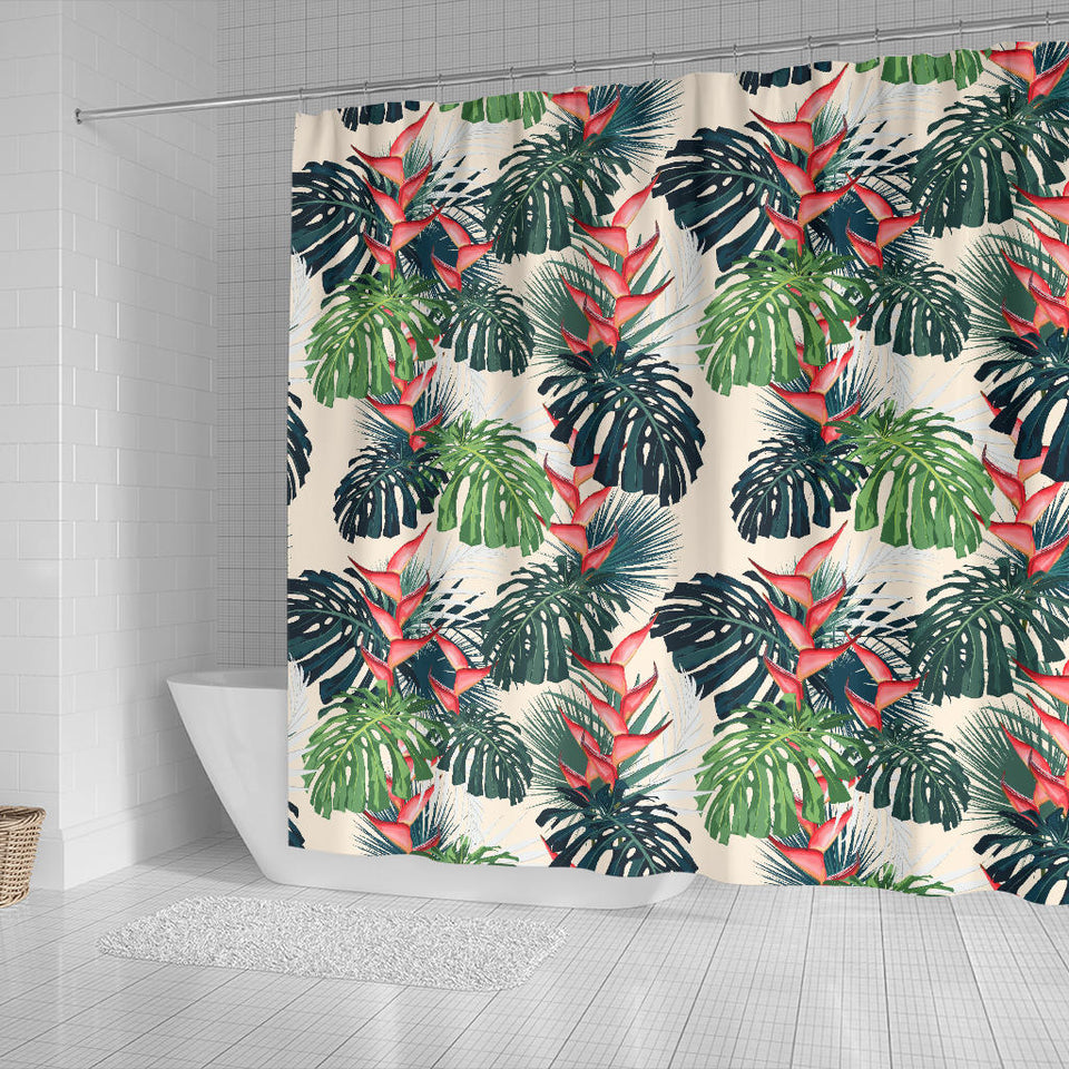 Heliconia Flowers, Palm And Monstera Leaves Shower Curtain Fulfilled In US