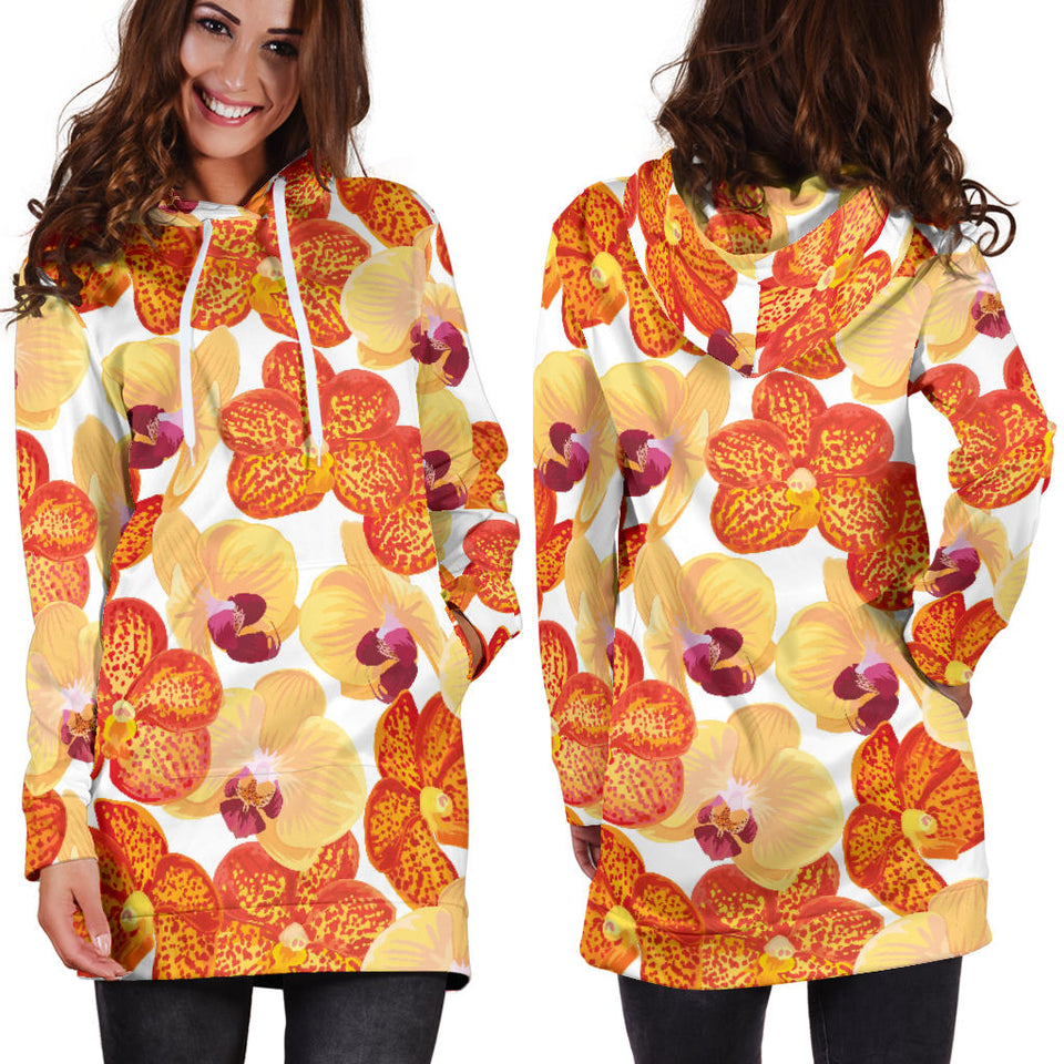 Orange Yellow Orchid Flower Pattern Background Women'S Hoodie Dress
