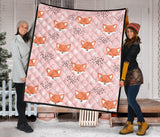Cute Fox Pattern Pink Background Premium Quilt