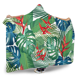 Heliconia Palm And Monstera  Leaves Pattern Hooded Blanket