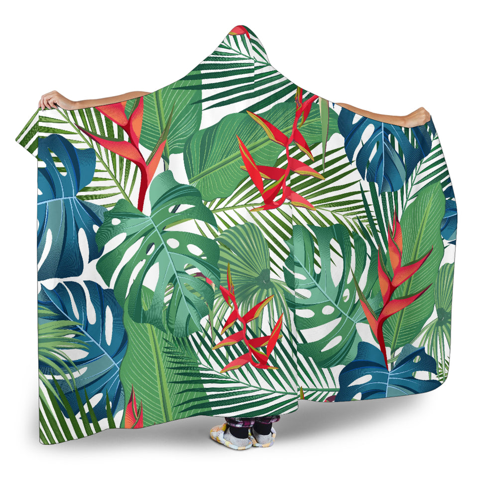 Heliconia Palm And Monstera  Leaves Pattern Hooded Blanket