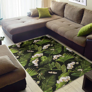 White Orchid Flower Tropical Leaves Pattern Blackground Area Rug