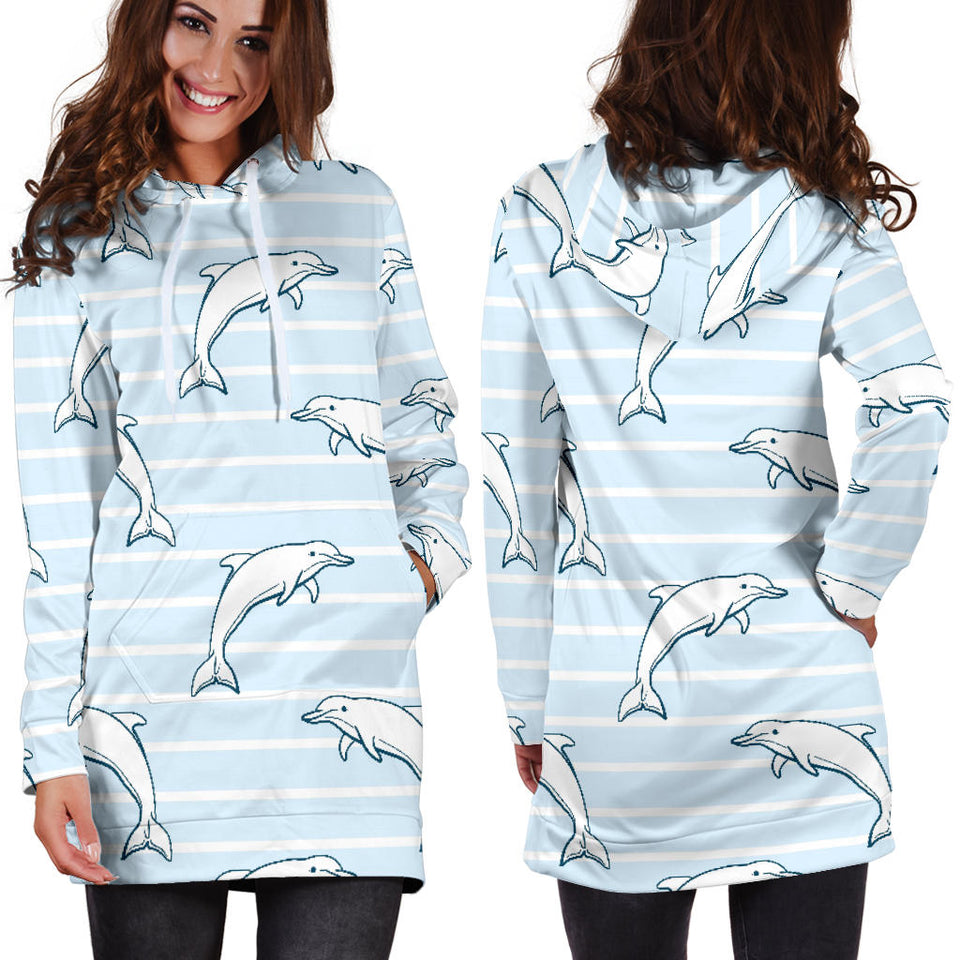 Dolphin Blue Striped Background Women'S Hoodie Dress