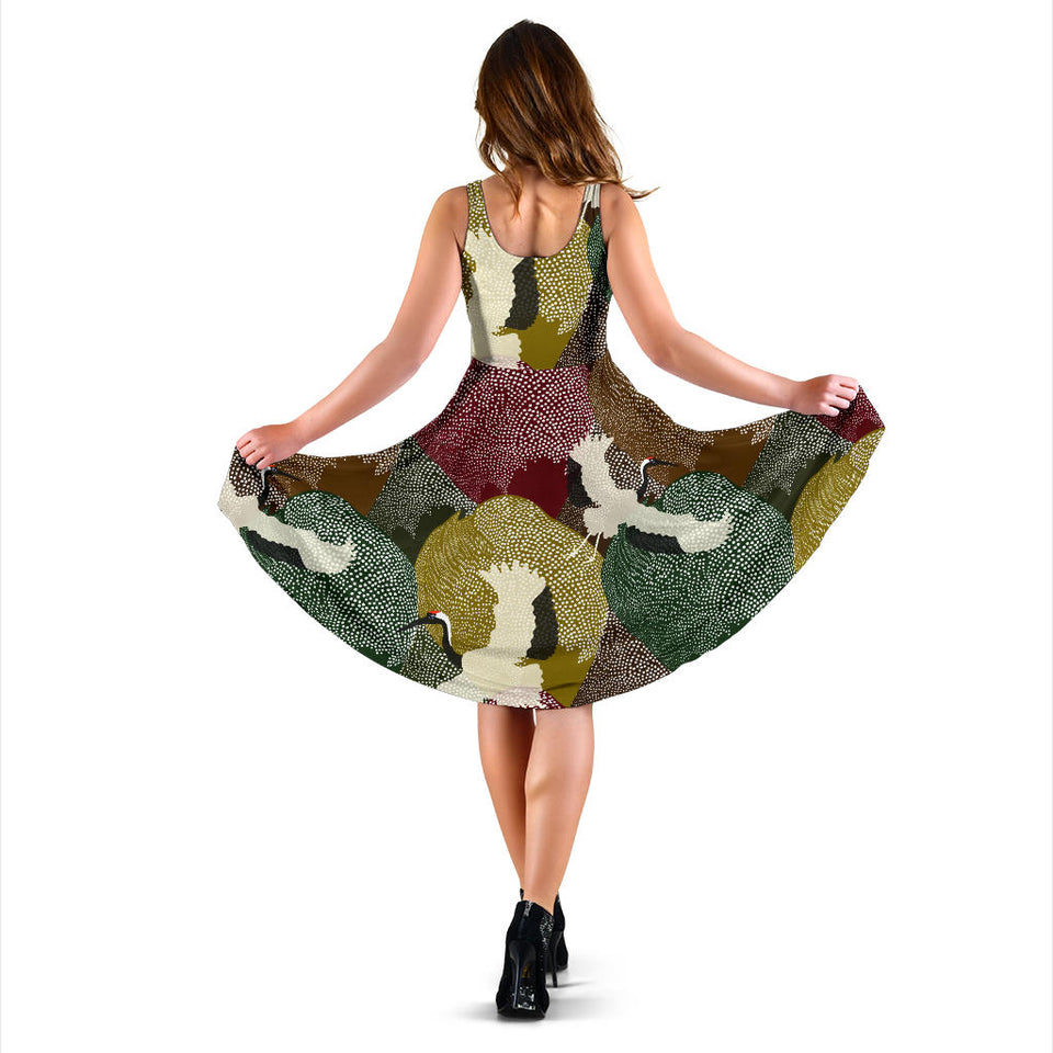 Japanese Cranes Flying Forest Dot Pattern Sleeveless Midi Dress