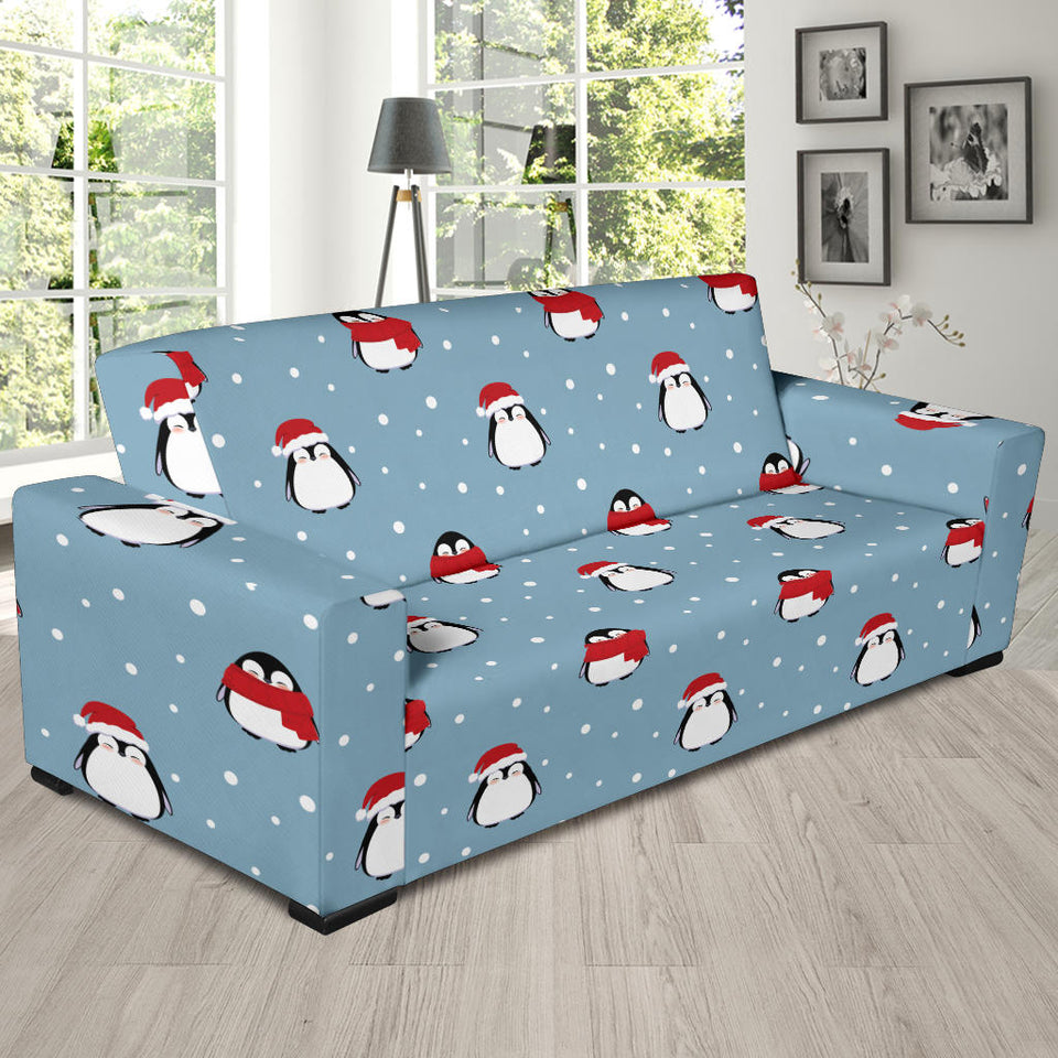 Cute Penguin Christmas Snow Pattern Sofa Slipcover