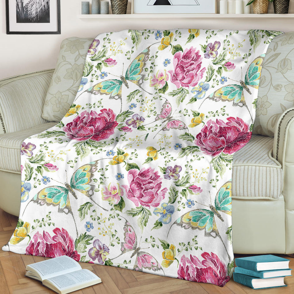 Hand Drawn Butterfly Rose Premium Blanket