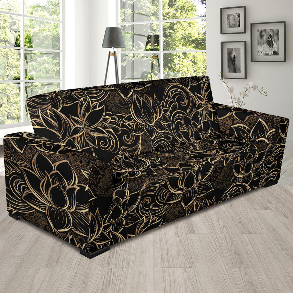 Luxurious Gold Lotus Waterlily Black Background Sofa Slipcover