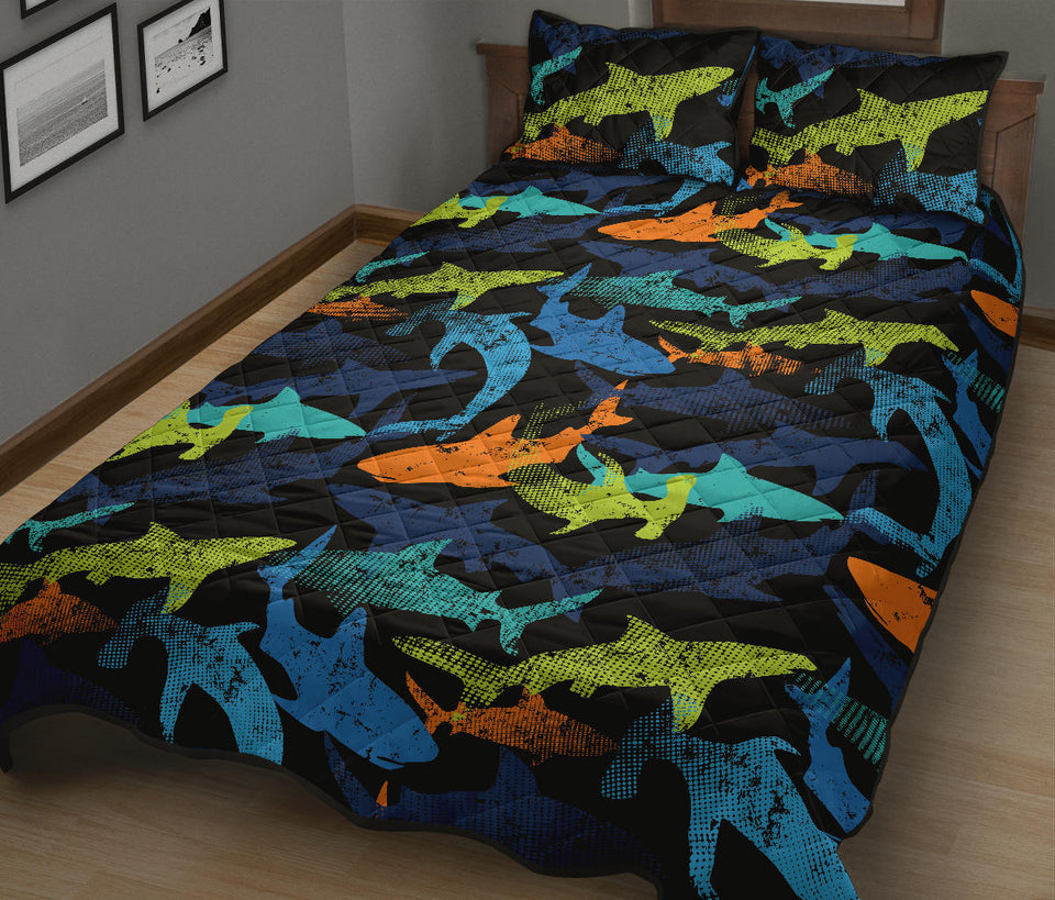 Colorful shark Quilt Bed Set