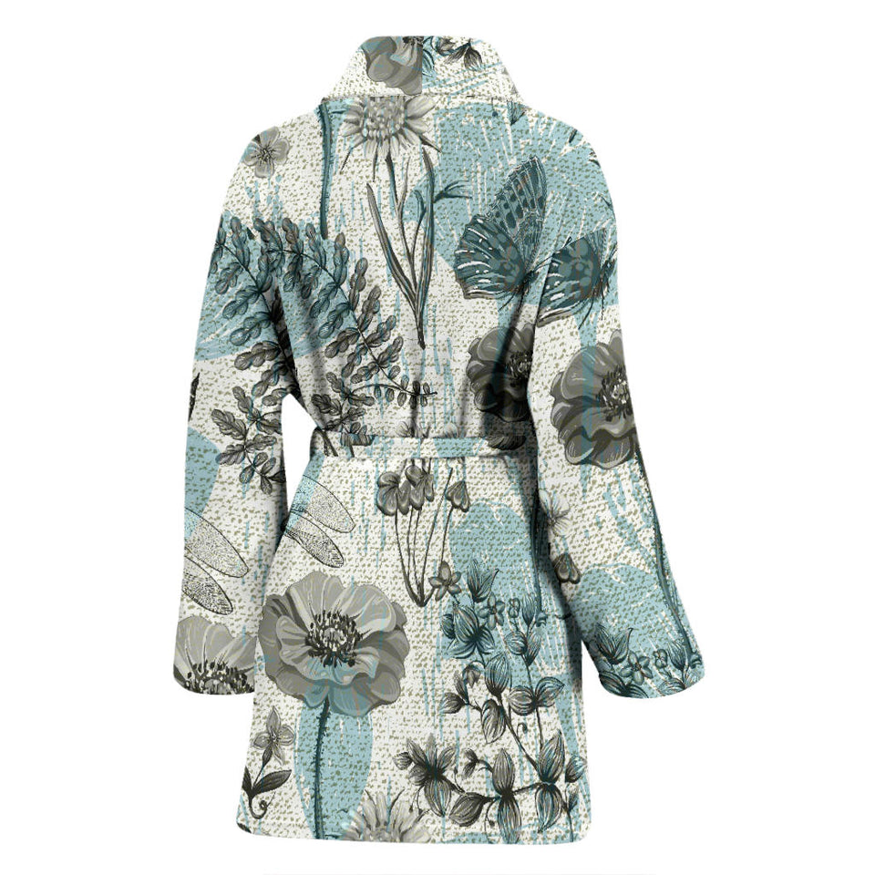 Dragonfly Butterfly Plants Insect Flower Vintage Style Pattern Women'S Bathrobe