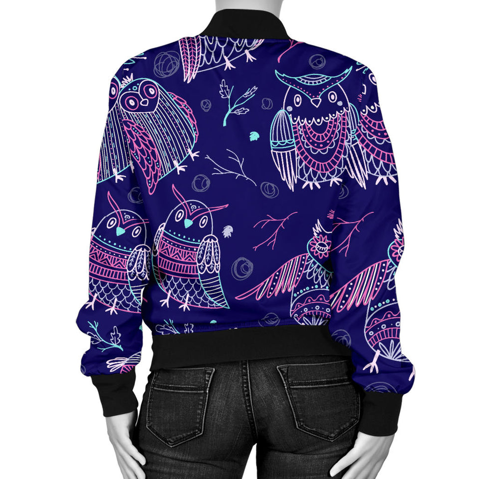 Cute Owls Pattern Boho Style Ornawomen'St Women'S Bomber Jacket