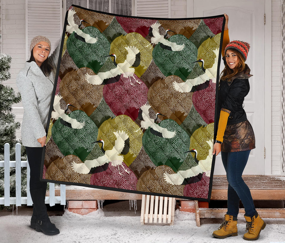 Japanese Cranes Flying Forest Dot Pattern Premium Quilt