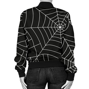 Spider Web Pattern Black Background White Cobweb Women'S Bomber Jacket