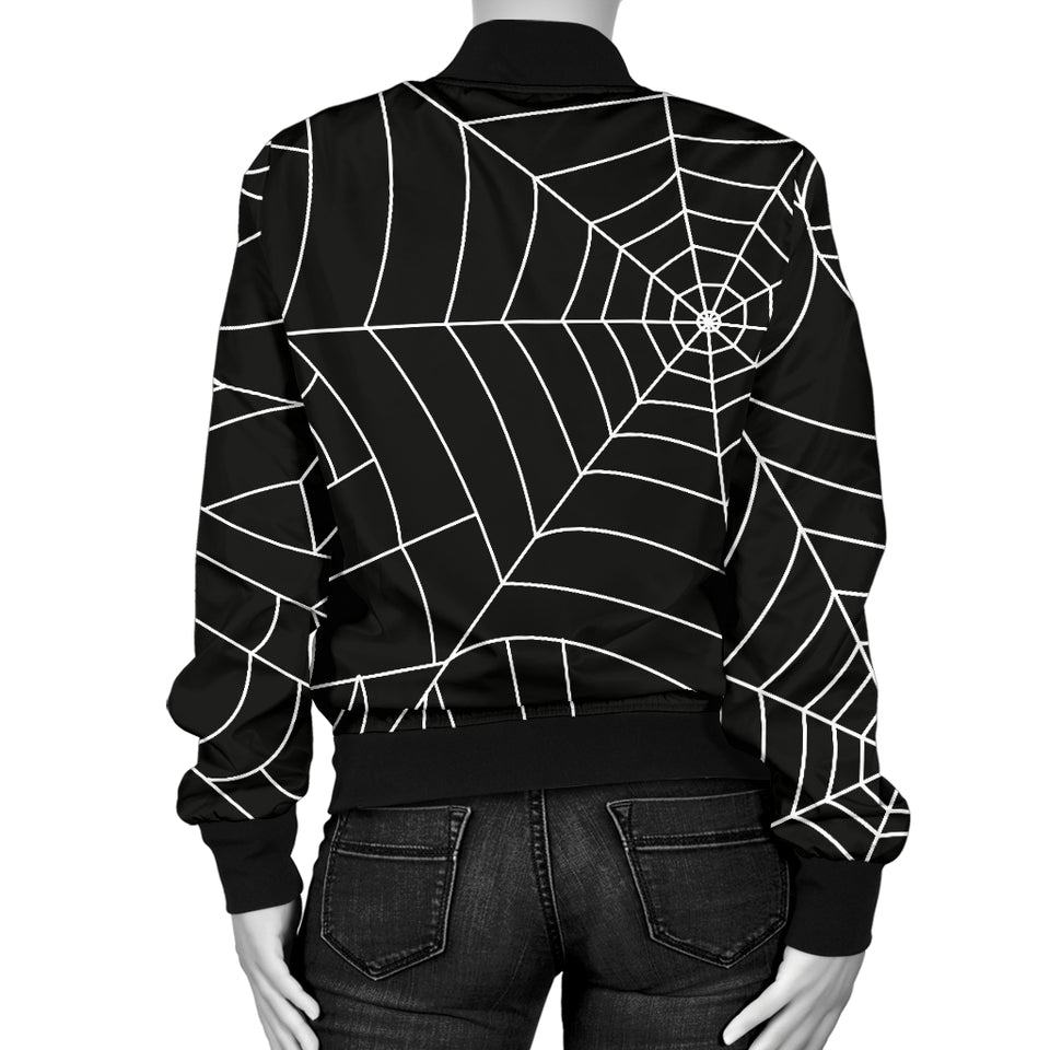 Spider Web Pattern Black Background White Cobweb Women'S Bomber Jacket