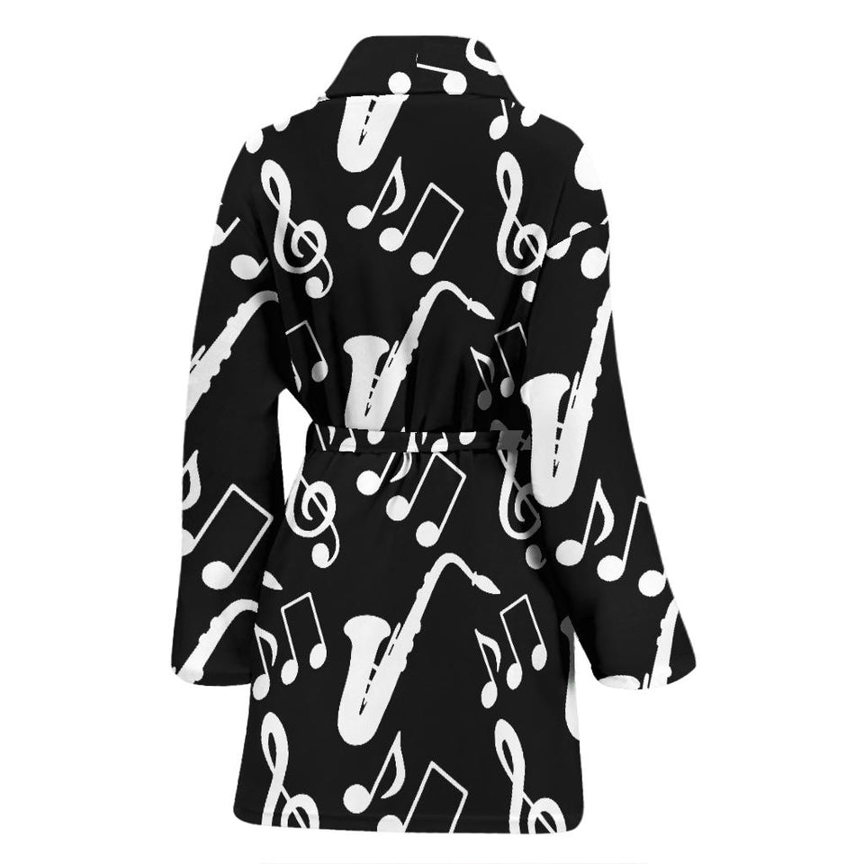 Saxophone Music Notes Treble Clef Black White Theme Women'S Bathrobe