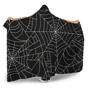 Spider Web Pattern Black Background White Cobweb Hooded Blanket