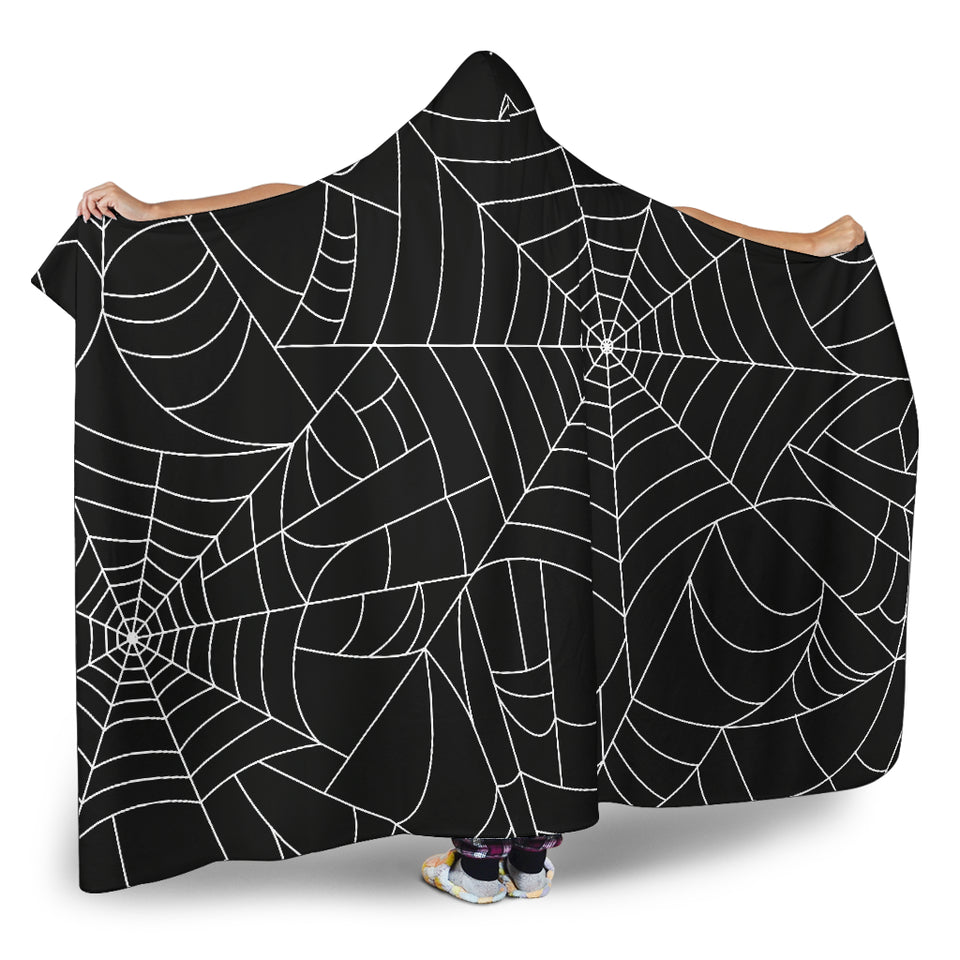 Spider Web Pattern Black Background White Cobweb Hooded Blanket