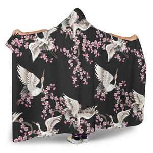 Japanese Crane Pink Sakura Pattern Hooded Blanket