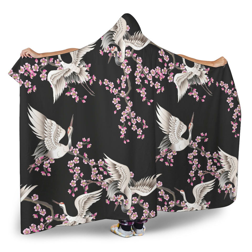 Japanese Crane Pink Sakura Pattern Hooded Blanket