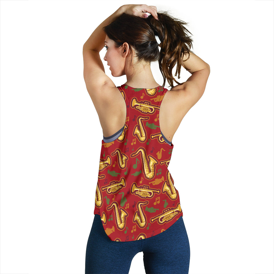 Saxophone cornet pattern red background Women Racerback Tank Top