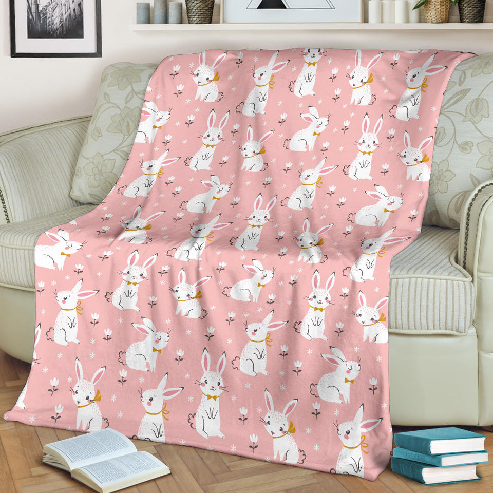 Cute White Rabbit Flower Pink Background Premium Blanket