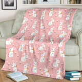 Cute White Rabbit Flower Pink Background Premium Blanket