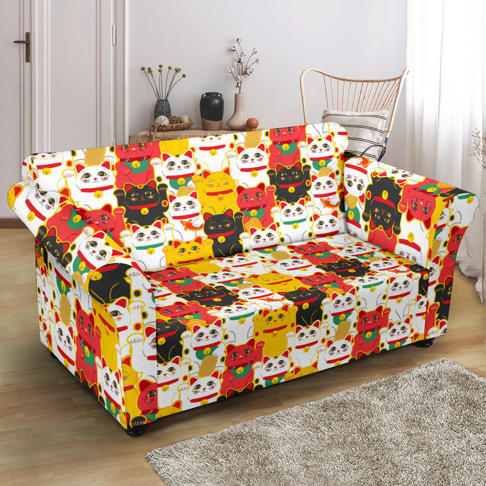 Colorful Maneki Neko Lucky Cat Pattern Loveseat Couch Slipcover