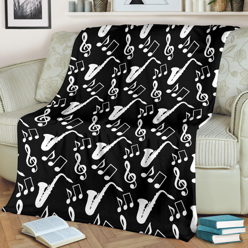 Saxophone Music Notes Treble Clef Black White Theme Premium Blanket