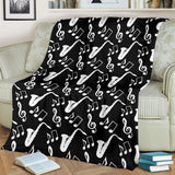 Saxophone Music Notes Treble Clef Black White Theme Premium Blanket