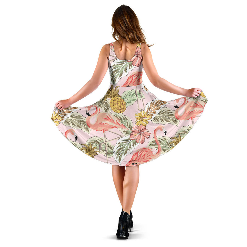 Pink Flamingo Birds Pineapples Hibiscus Flower Pattern Sleeveless Midi Dress