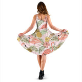 Pink Flamingo Birds Pineapples Hibiscus Flower Pattern Sleeveless Midi Dress