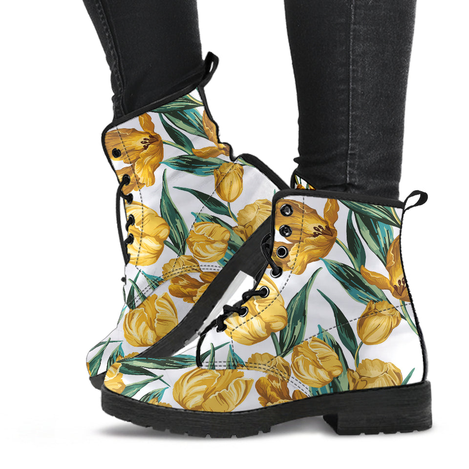 Yellow Tulips Pattern Leather Boots