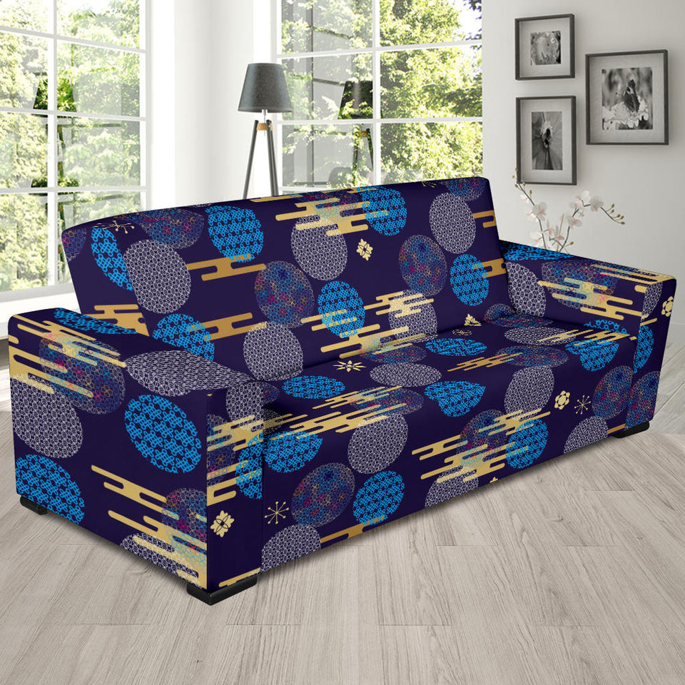 Blue Japanese Pattern Cloud Wave Flower Sofa Slipcover