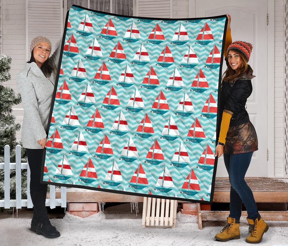 Red White Sailboat Wave Background Premium Quilt