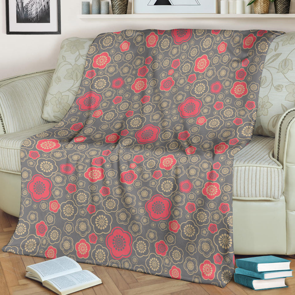 Red Gold Sakura Cherry Blossom Gray Background Premium Blanket