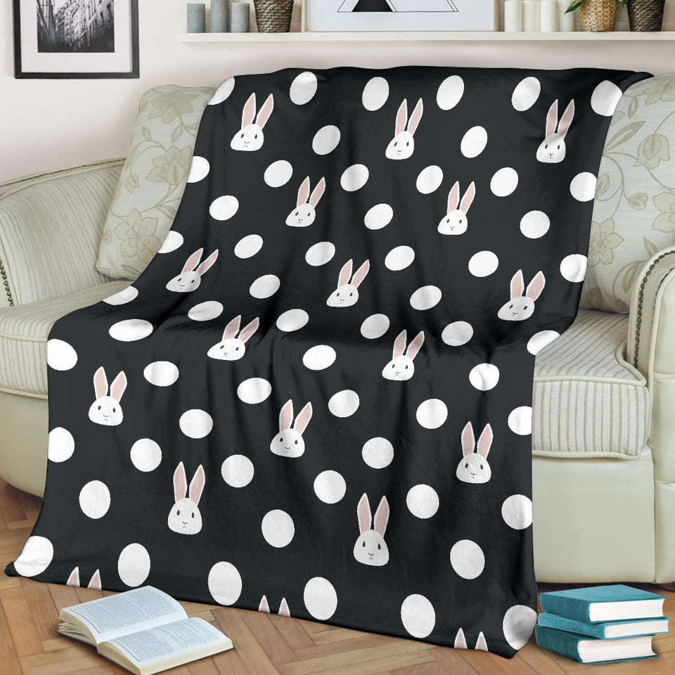 Cute White Rabbit Polka Dots Black Background Premium Blanket