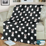 Cute White Rabbit Polka Dots Black Background Premium Blanket