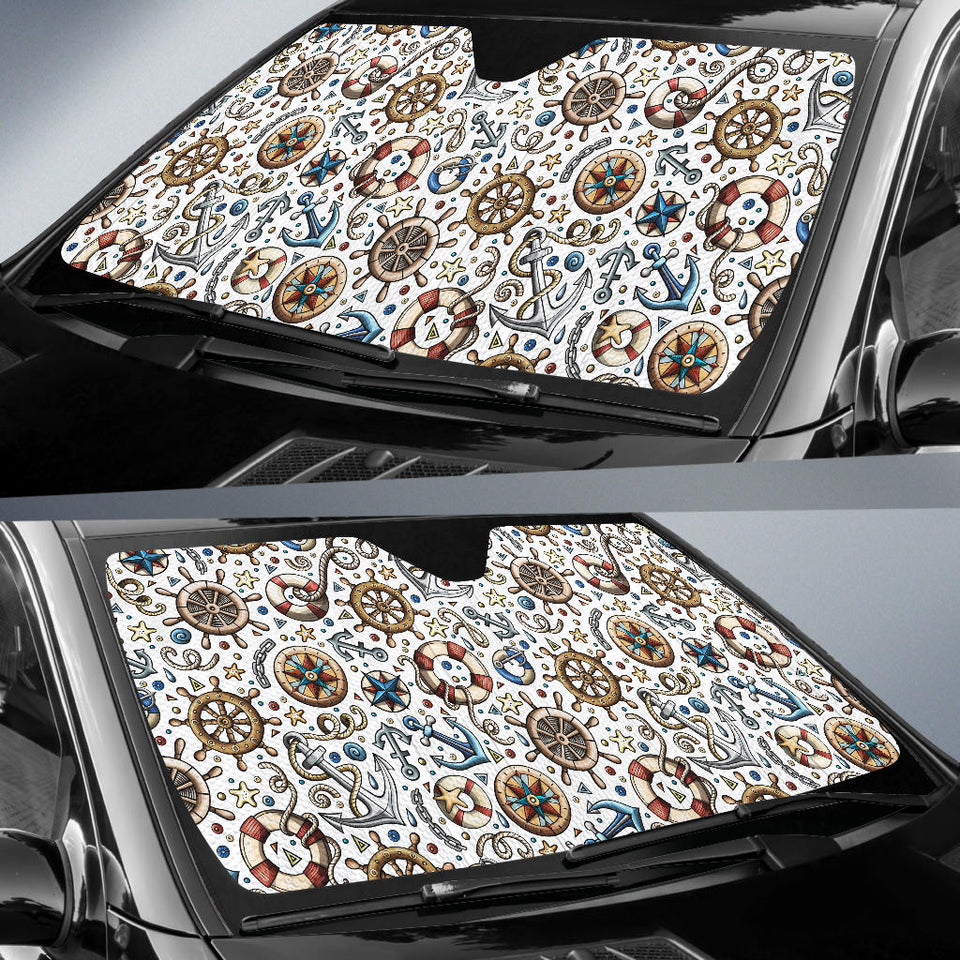 Cute Nautical Steering Wheel Anchor Pattern Car Sun Shade