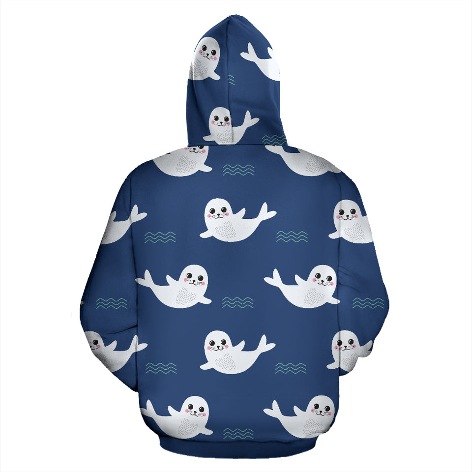 Cute White Baby Sea Lion Seal Pattern Zip Up Hoodie