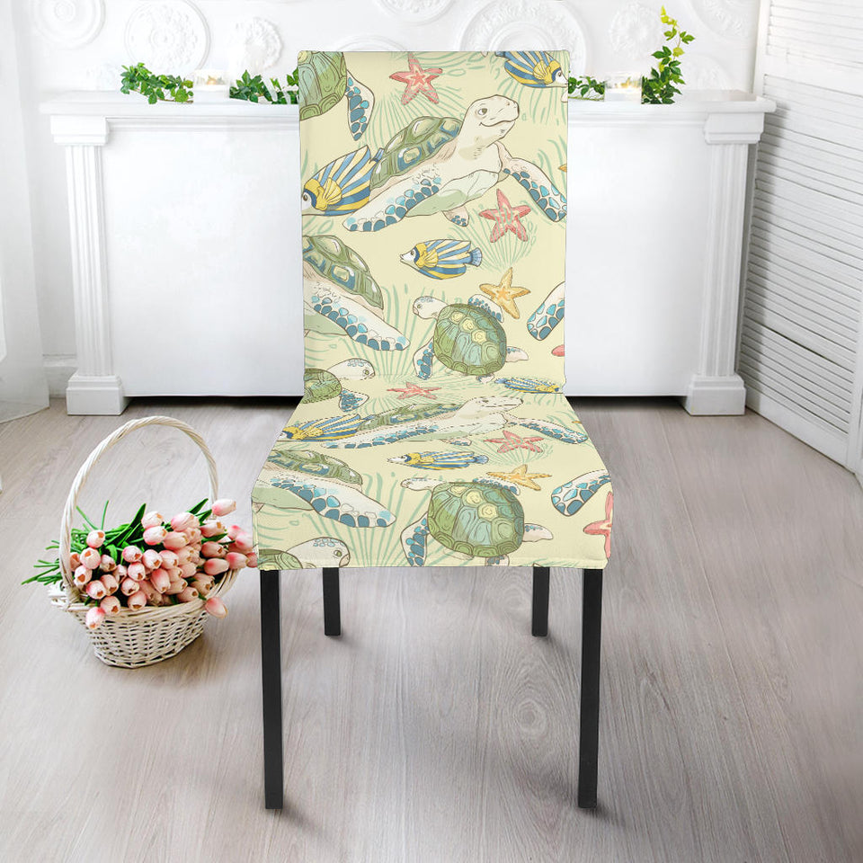 Hand Drawn Sea Turtle Fish Pattern Dining Chair Slipcover