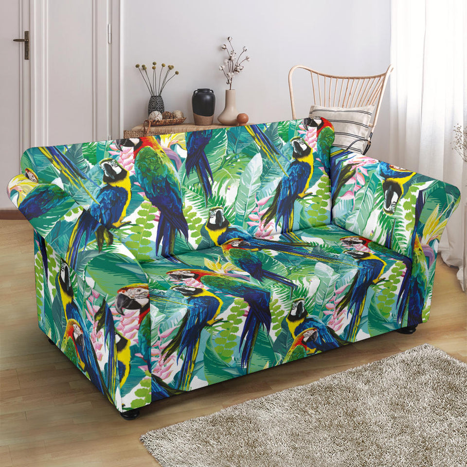 Colorful Parrot Exotic Flower Leaves Loveseat Couch Slipcover